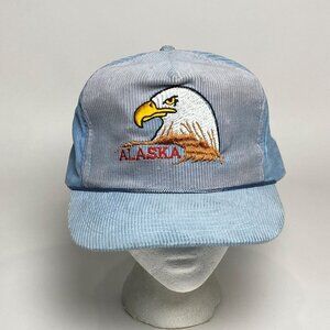 Vintage Alaska Bald Eagle Corduroy Snapback Hat Trucker Cap Rope Detail Blue